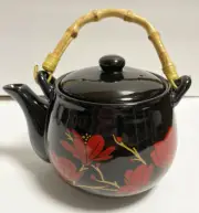 Black Teapot W/ Red Flowers Bamboo Handle Tea Party Collectible Gift