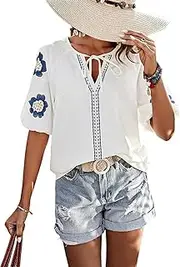 [Pinclodly] Mexican Embroidered Tops for Women Floral Short Sleeve Boho Tops Bow Tie V Neck Peasant Blouse Loose Summer Tops