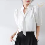 【M~XL】進店必買👉打結領帶襯衫 短袖襯衫 女襯衫 夏設計感小眾面試襯衣 蝴蝶結飄帶 女上衣 女裝【RO282B】