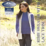 Shepherd Lambswool Knitting Pattern 5035 Rib Sweater w/ Lace Trim XXS-XL 26"-46"