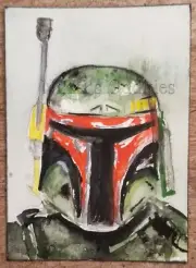 Aceo Original Watercolour Painting Boba Fett Star Wars Fan Art Sci fi Nikki