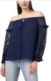 Vince Camuto Embroidered Peasant Top, Navy, Large, New $99