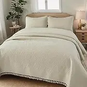Brandream King Quilt Set Beige Bedspreads Cotton Elegant Shabby Chic Boho Bohemian Quilt Bedding Set with Tassel Design 3-Piece
