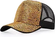 [Song Qing] Women Men Studded Rhinestone Baseball Cap Adjustable Bling Ponytail Mesh Sun Hat Casual Sports