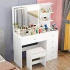 Ufurniture LED Dressing Table Set with Charging Station & Glass Tabletop White
