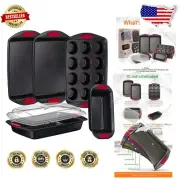 Deluxe Baking Pans with Red Silicone Grips - Includes Cookie Sheets & Muffin Pan