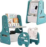 Tiita Kids Table and Chair Set, 3 in 1 Convertible Art Easel & Display Bookshelf w/Magnetic Painting Board, Bottom Storage Shelf, Children Activity Table Set for Drawing Reading, Blue