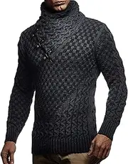 [Gsywaipei] Men's Leather Button Neck Knitted Sweater Turtleneck Long Sleeve Male Knit Pullover Shawl Collar Knits Sweaters, Dark Grey, XL