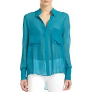 BCBG Max Azria Emma Blouse Tahiti Blue Chiffon Long Sleeve High Hi Low NEW Silk