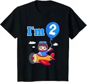 [X.Style] Kids Pilot Airplane Plane I'm 2 Two Second 2nd Birthday Boys ds1208 T-Shirt (S) Black