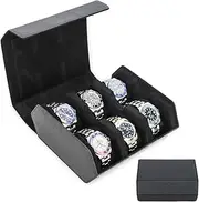 Contacts Saffiano Leather 6 Slot Watch Case Travel Watch Box Large Watches Organizer Watch Holder for 6 Watches (Black)