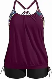 [Holipick] Plus Size Tankini Swimsuits for Women Two Piece Tummy Control Bathing Suit Blouson Tankini Top with Shorts, Purple Floral, 28 Plus