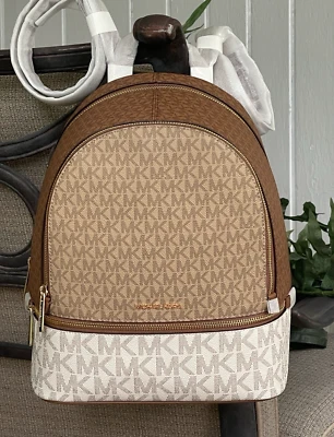 MICHAEL KORS RHEA MEDIUM ZIP BACKPACK BAG TOTE MK CAMEL BROWN VANILLA MK LOGO