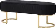 Bench Chair Black Velvet Fabric Padded Upholstered Seat Wooden Frame Iron Feet Shiny Golden