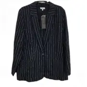 Grace Hill Navy White Pinstripe Linen Button Up Blazer Jacket Ladies Size 22 NEW