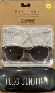 NIB Rae Dunn +2.00 Premium Reading Glasses, Sun bifocal, & Case HELLO SUNSHINE