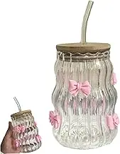 Glass Cups with Lids and Straws Bow Decor 450ml Ripple Shaped Iced Coffee Cup Heat-Resistant Glass Coffee Cup for Beverage Juice, Whiskey, Soda, Milk, Tea Iced, Cups with Lids-
