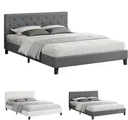 ALFORDSON Bed Frame Base Double Size, Bed Platform Foundation with Linen Fabric Upholstered Tufted Headboard for Mattress Topper, Madelyn Fabric Grey