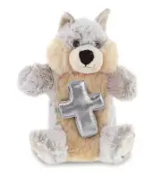 DolliBu Wolf Hand Puppet Stuffed Animal with Silver Cross Plush - 9.5 Inches