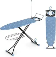 [KINGBOARD] Ironing Board, Compact Iron Board Full Size with Extra Thick Cover, 7 Adjustable Heights Stand with Hanger and Iron Rest, Large Heavy Duty Ironing Board with Storage Tray, 13x43 Blue