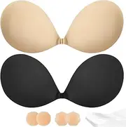 [Alki'i] Adhesive Bra Push Up for Women 2 Pair, Sticky Invisible Lifting Bra, Backless Strapless Bras for Dress with Pasties