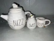 Rae Dunn “Buzz” Honey Bee White Ceramic Teapot Farmhouse Country Nature 3pc Set