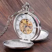 Silver Smooth Hand Wind Mechanical Double Full Hunter Skeleton Pocket Watch Gift