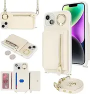 for iPhone 13/14 Crossbody Case with Card Holders Money Slots Zipper Coin Purse Rotatable Ring Kickstand Cover Wristlet Strap Lanyard Litchi Leather Wallet Cover for iPhone13 iPhone14 White