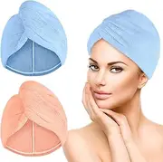 Hair Towel Wrap 2 Packs Microfiber Absorbent Hair Drying Towel Turban for Quick Drying Long Wet Hair (Blue&Pink)