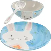 MOLUCKFU Ceramic Dishware Set Rabbit Pattern Dishware Bowl Plate Set Boys and Girls Plates