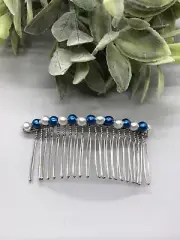Bridal Wedding white Blue Beaded Side Comb 3.5” metal silver Hair Accessories