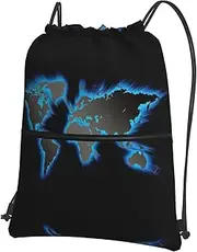 EdWal World Map Print Drawstring Backpack Gym Bags Sports Bags With Zipper Pocket For Travel Beach, Black, One Size