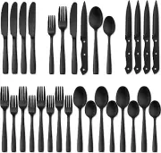 24 Pieces Matte Black Silverware Set with Steak Knives for 4, Stainless Steel Fl