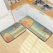 Surfboard Beach Retro Kitchen Mats for Floor, 2 Piece, Funny Cute Washable Non-Slip Kitchen Rugs Set for Home & Office, Sink, Laundry, 19.7” x 27.6” + 19.7” + 47.2”