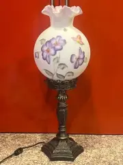 FENTON FLOWER & Butterfly SATIN GLASS PILLAR LAMP w/BRASS BASE, sign, label