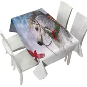 Snowy Christmas with Red Bird and White Horse Tablecloth