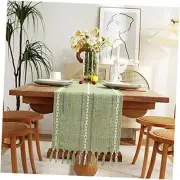 Rustic Farmhouse Style Linen Table Runner, Boho Handmade Tassel Embroidered
