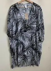 Dotti White Tunic Beach Cover-Up Pullover Black Paradise Palms Tie Front XL NEW