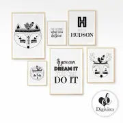 Baby, Boy Nursery Bedroom Wall Art Personalised Scandi Woodland Dream black