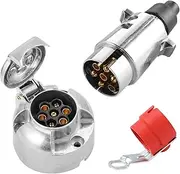 SPARKMOTO 7 Pin Metal Trailer Plug Metal Trailer Socket, 12V 7 Pin Trailer Plug Socket Aluminium,With Trailer Plug Holder(Rubber Cap)
