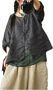 [LZJN] Womens Summer Lightweight Sheer Button Down Shirt Handmade Threading 3/4 Sleeve Ramie Linen Shirt Blouse, Grey Blue, One Size
