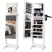 Costway Jewellrry Organiser Jewellery Cabinet Makeup Mirror w/3-Color LED Lights Floor Jewellery Box White