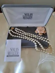 Vintage NOLAN MILLER Necklace Faux double strand Pearls w Flower Pin/Enhancer