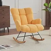 Rocking Chair Nursery Teddy, Upholstered Baby Fluffy Glider Rocker for Adults Small Spaces Indoor, Comfy Sherpa Compact Nursing Chairs, Yellow