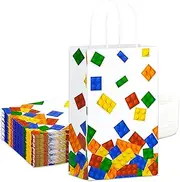 ECOHOLA 25 Pcs Building Block Party Gift Bags with Handles, Color Bricks Theme Kraft Bags Paper Goodie Treat Bags for Birthday, Baby Showers, Building Block Party Supplies Decoration