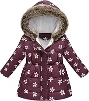 [Happy Cherry] Kids Toddler Girl Snow Hooded Jackets Warm Fleece Lined Coats Winter Puffer Padded Jackets Long Sleeve Zip Up Outwear Cute Printed Coat Thick Thermal Overcoat for 2-7 Years
