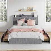 Advwin Bed Frame Double Size with 4 Storage Drawers Charging Station and USB Port Velvet Upholstered Headboard Dark Grey