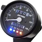 Daytona 15626 Motorbike Mechanical Speedometer, Black Body/Black Panel/White LED, Diameter 2.3 inches (60 mm), 140 km/h Display, Indicator Included