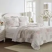 Laura Ashley Home - Quilt Set, Cotton Reversible Bedding with Matching Shams, Home Decor Ideal for All Seasons (Celina Patchwork Pink/Sage, Queen)