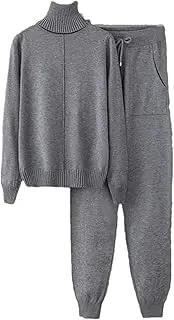 [Jegsnoe] Women Knitted 2 Piece Sets Turtleneck Pullover Sweater High Waist Casual Harem Pants Suit